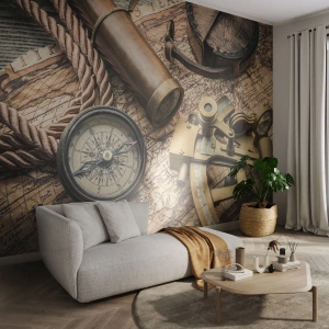 Fototapet Standard Eco - Fastlægge kursen - Nautisk, Verdenskort, Kompas - 400x280 cm