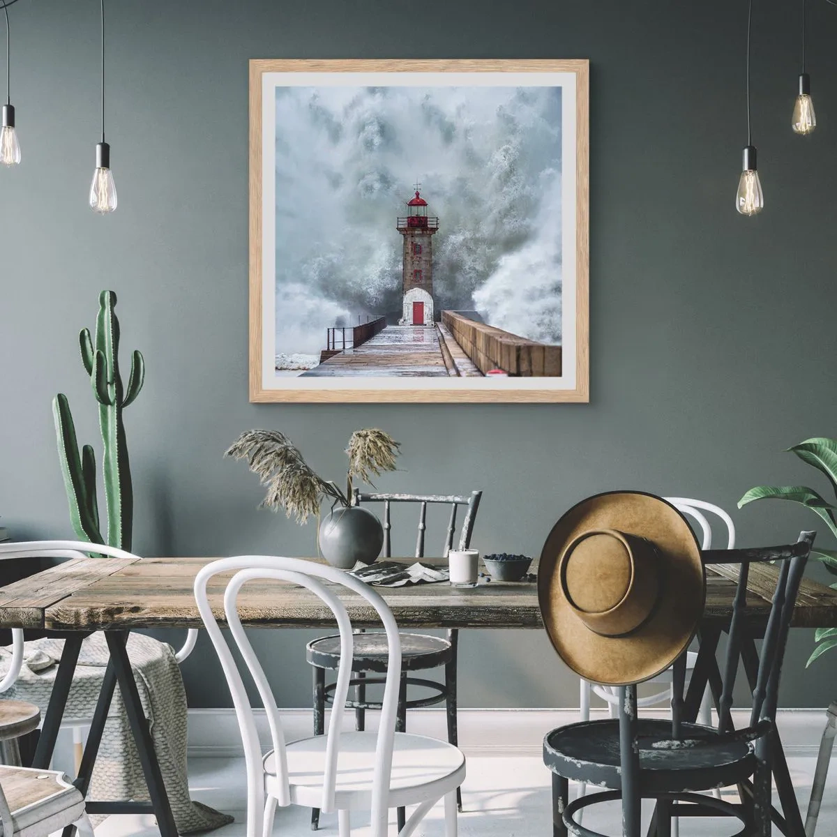 Plakat i ramme af lyst egetræ - Vandets brusen, vindens susen, lyden af vinden - 30x30 cm