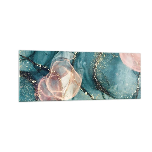 Billede på glas - Silkeblå, tyl lyserød - 140x50 cm