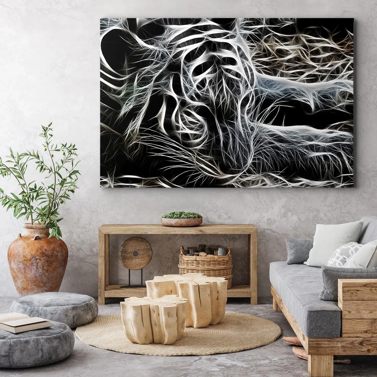 Lærredstryk - Billede på lærred - Et abstrakt mønster, der forestiller silhuetten af en kat på en sort baggrund. - 70x50cm - En undersøgelse af kattens lethed - Moderne vægdekoration til stue og soveværelse ARTTOR