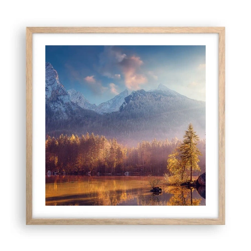 Plakat i ramme af lyst egetræ - I bjerge og dale - 50x50 cm