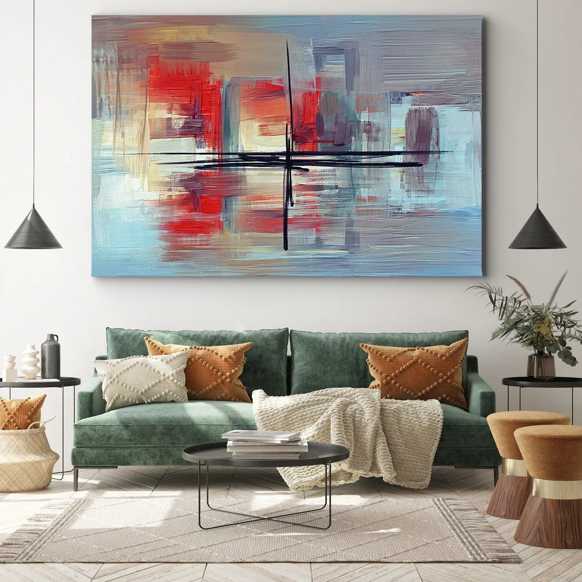 Lærredstryk - Billede på lærred - En abstrakt komposition med intense farver, linjer og geometriske former. - 70x50cm - Landskab i en ukendt dimension - Moderne vægdekoration til stue og soveværelse ARTTOR