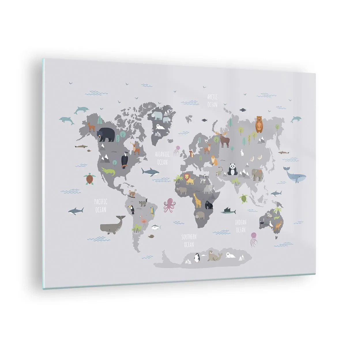 Billede på glas - Illustreret verdenskort med karakteristiske dyr - 70x50cm - Fortæl mig, hvor du er fra... - Moderne vægdekoration til stue og soveværelse ARTTOR