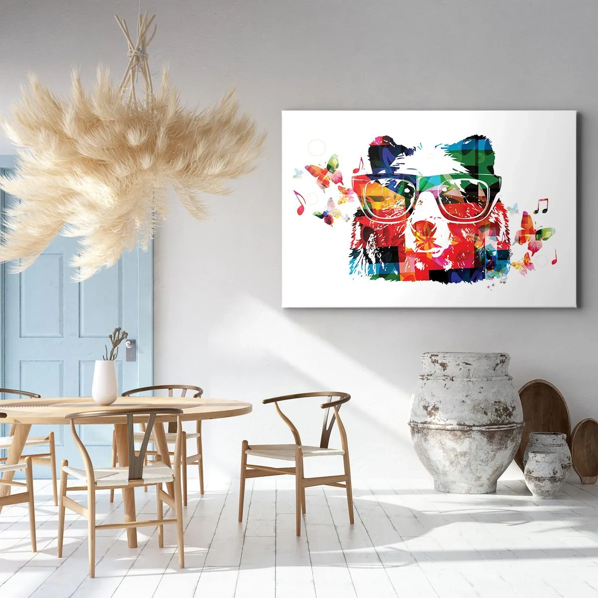Lærredstryk - Billede på lærred - Farverig bjørn med briller, sommerfugle og musikalske noder - 70x50cm - Jeg elsker det! - Moderne vægdekoration til stue og soveværelse ARTTOR