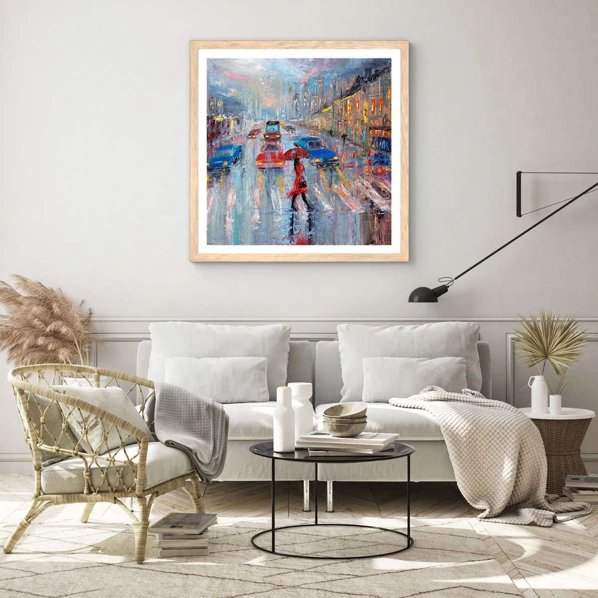Plakat i ramme af lyst egetræ - Regnfuld eftermiddag i byen - 50x50 cm