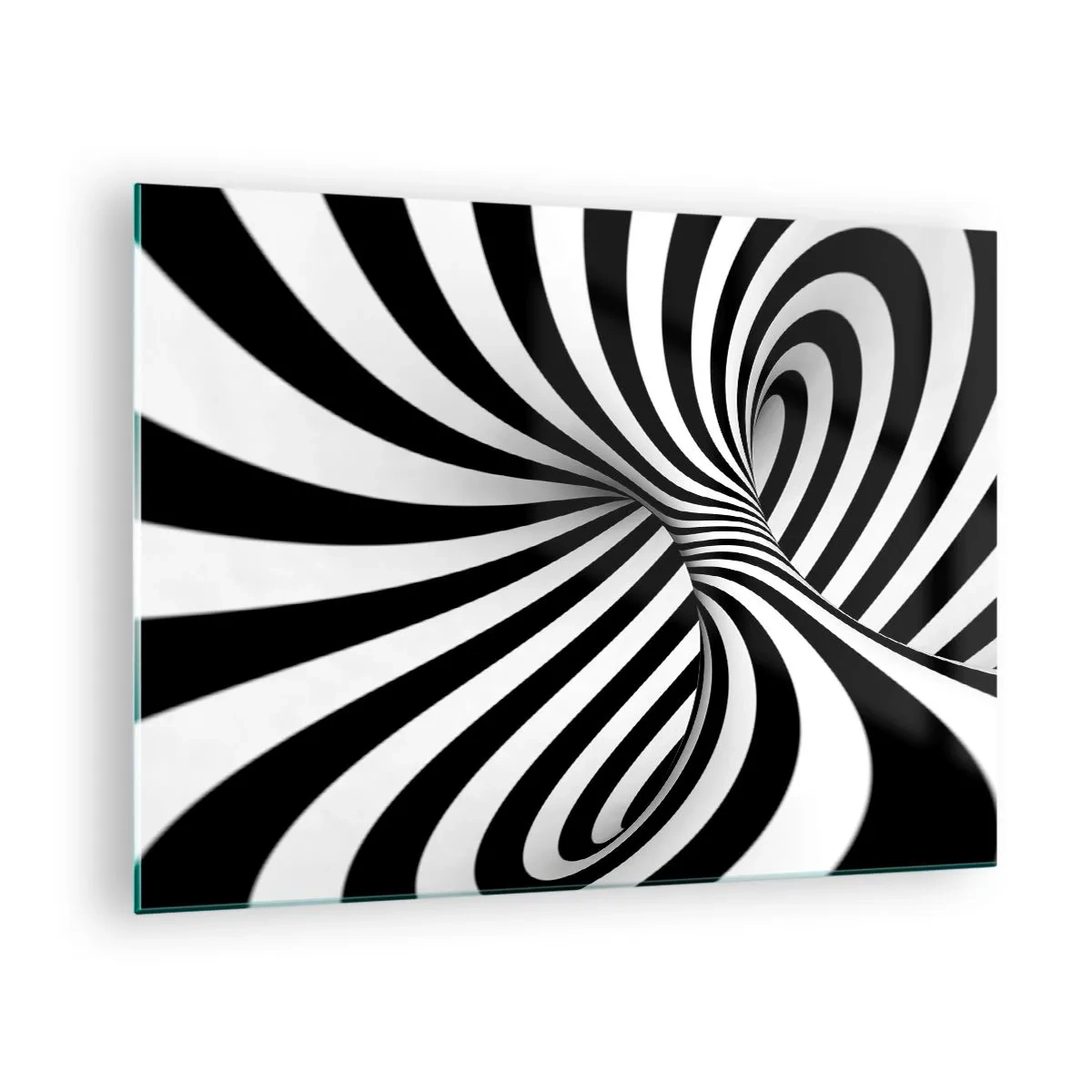 Billede på glas - En sort-hvid spiral, der skaber en dynamisk rumlig effekt. - 70x50cm - Sammensætning: dansende rum - Moderne vægdekoration til stue og soveværelse ARTTOR