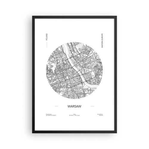 Plakat i sort ramme - Minimalistisk kort over Warszawa i en cirkel - 50x70cm - Warszawas anatomi - Moderne vægdekoration til stue og soveværelse ARTTOR