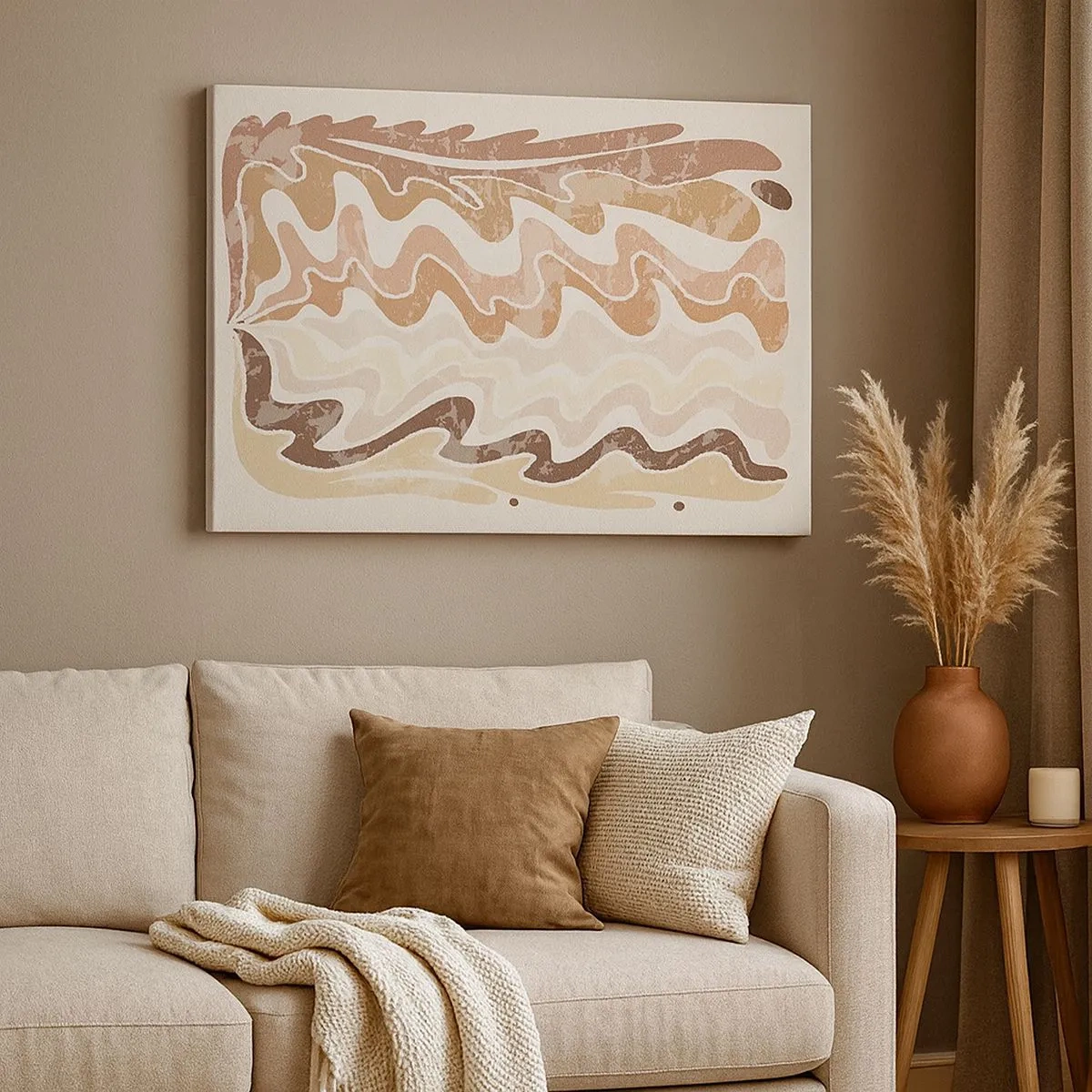 Lærredstryk - Billede på lærred - Bølgede abstrakte linjer i beige nuancer - 70x50cm - God energi - gode følelser - Moderne vægdekoration til stue og soveværelse ARTTOR