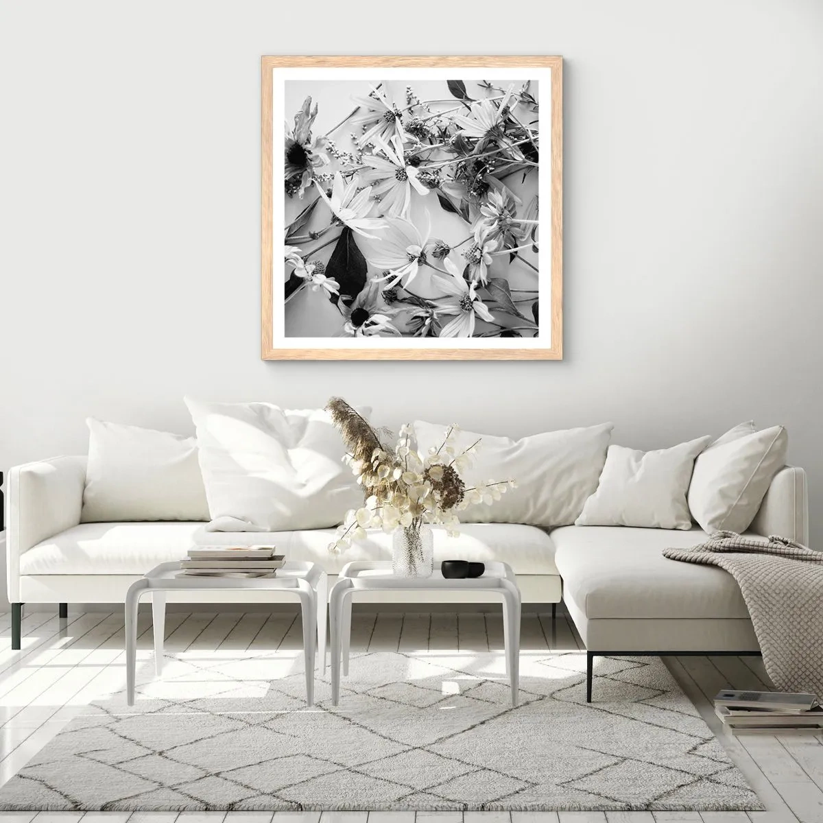 Plakat i ramme af lyst egetræ - Blomster uden buket - 40x40 cm
