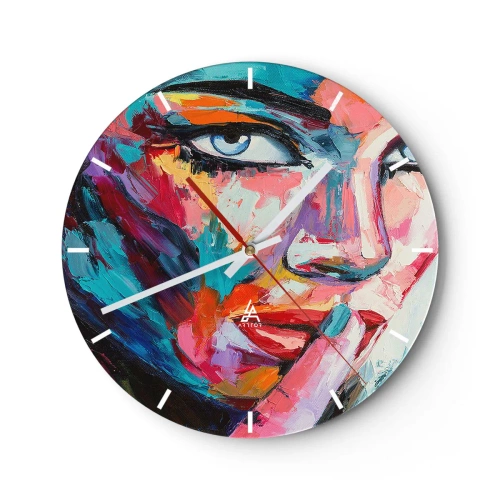 Vægur, Uret - Portræt af en kvinde i abstrakt stil med levende farver - 30x30cm - Vores første hemmelighed - Moderne vægdekoration til stue, køkken og soveværelse ARTTOR