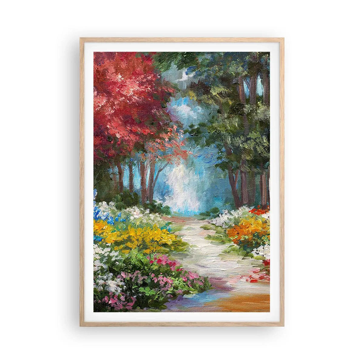 Plakat i ramme af lyst egetræ - Skovhave, blomsterskov - 70x100 cm