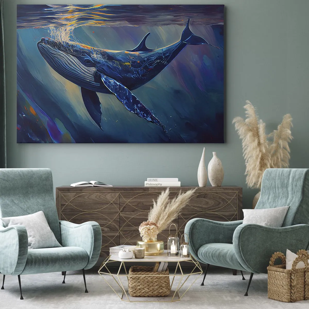 Lærredstryk - Billede på lærred - En hval i havets dyb i lysende farver - 70x50cm - Velkommen til min verden - Moderne vægdekoration til stue og soveværelse ARTTOR