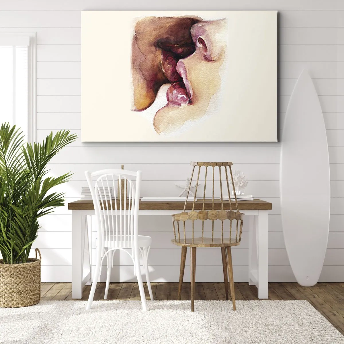 Lærredstryk - Billede på lærred - Et akvarelmaleri af et nærbillede af et ansigt - 70x50cm - Som nat og dag, jord og himmel - Moderne vægdekoration til stue og soveværelse ARTTOR