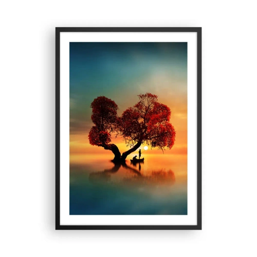 Plakat i sort ramme - Hjerteformet træ ved solnedgang - 50x70cm - Fjern og tavs verdensløshed - Moderne vægdekoration til stue og soveværelse ARTTOR