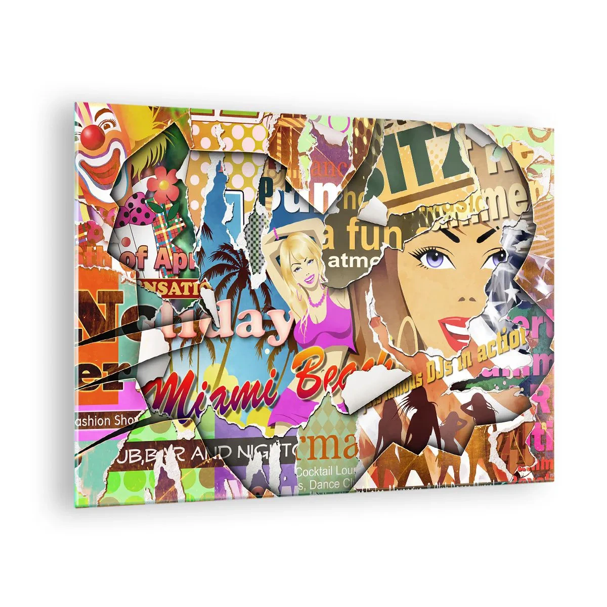 Billede på glas - Farverig retro-collage med plakater og grafik - 70x50cm - Tilbageblikke på ferien - Moderne vægdekoration til stue og soveværelse ARTTOR