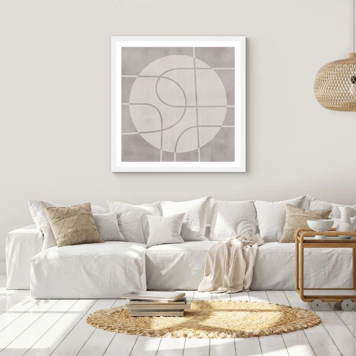 Plakat i hvid ramme - Cirkulær og lige frem - 60x60 cm