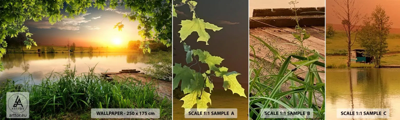 Fototapet Prøve Standard Eco - Landskab i en grøn ramme - Landskab, Sø, træbro - 100x30 cm