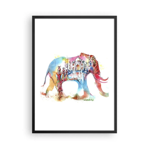 Plakat i sort ramme - Farverig elefant med indiske motiver og Taj Mahal - 50x70cm - Indien - kærlighedens aura - Moderne vægdekoration til stue og soveværelse ARTTOR