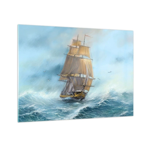 Billede på glas - Et sejlskib på et stormfuldt hav i malerisk stil - 70x50cm - Bølgende gennem bølgerne - Moderne vægdekoration til stue og soveværelse ARTTOR