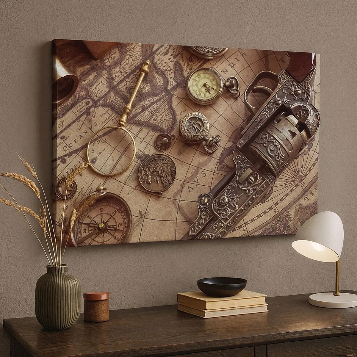 Lærredstryk - Billede på lærred - Antikke genstande på et gammelt kort i retrostil - 70x50cm - Opkald til eventyr - Moderne vægdekoration til stue og soveværelse ARTTOR