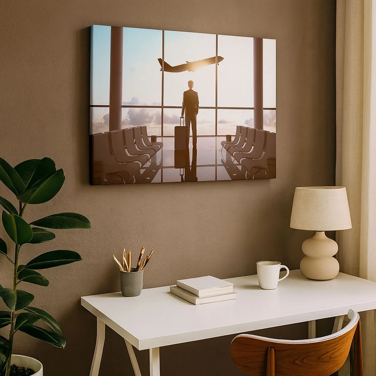 Lærredstryk - Billede på lærred - Forretningsmand i lufthavnen med et fly i baggrunden - 70x50cm - Du har tid, sæt farten ned - Moderne vægdekoration til stue og soveværelse ARTTOR