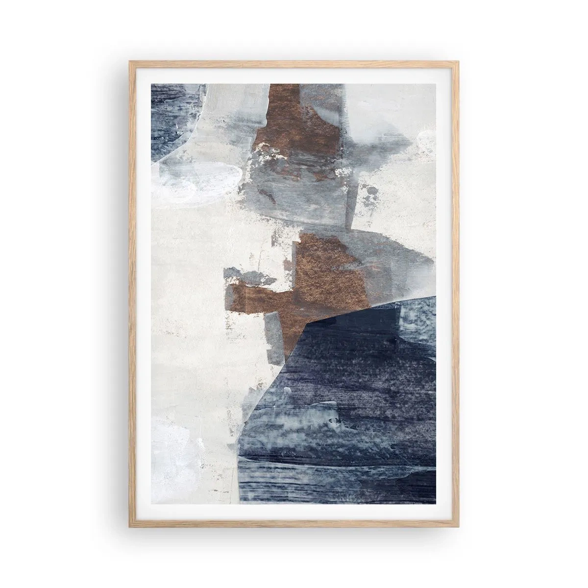 Plakat i ramme af lyst egetræ - Blåbrune former - 70x100 cm