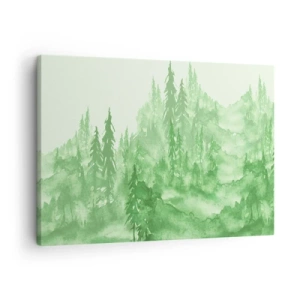 Lærredstryk - Billede på lærred - Grøn skov i akvarelstil på en lys baggrund - 70x50cm - Sløret af grøn tåge - Moderne vægdekoration til stue og soveværelse ARTTOR