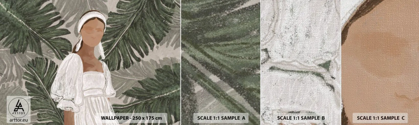 Prøve Fototapet Premium Canvas - Eksotisk portræt - Boho, Kvinde, Blade - 100x30 cm