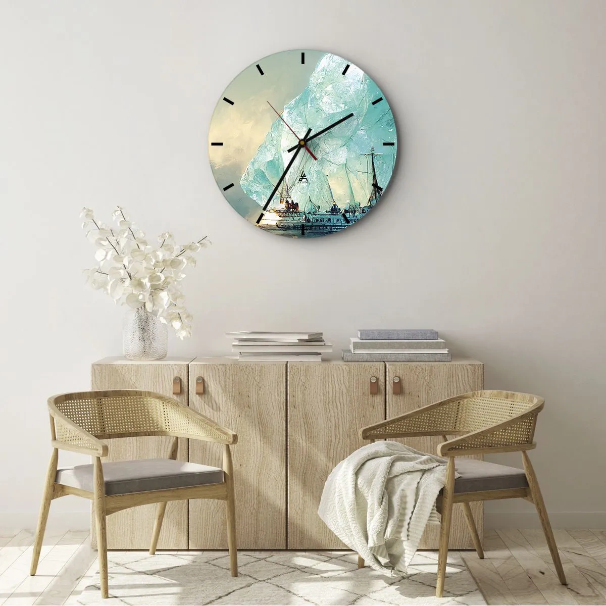 Vægur, Uret - Et skib blandt blå isbjerge mod himlen - 30x30cm - Arktisk diamant - Moderne vægdekoration til stue, køkken og soveværelse ARTTOR