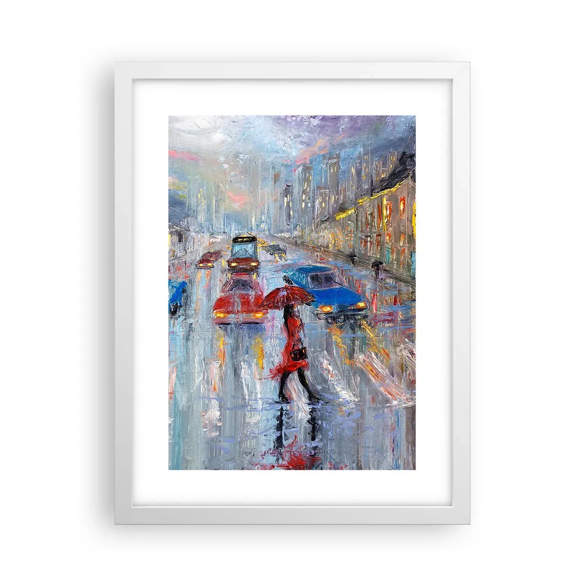 Plakat i hvid ramme - Regnfuld eftermiddag i byen - 30x40 cm