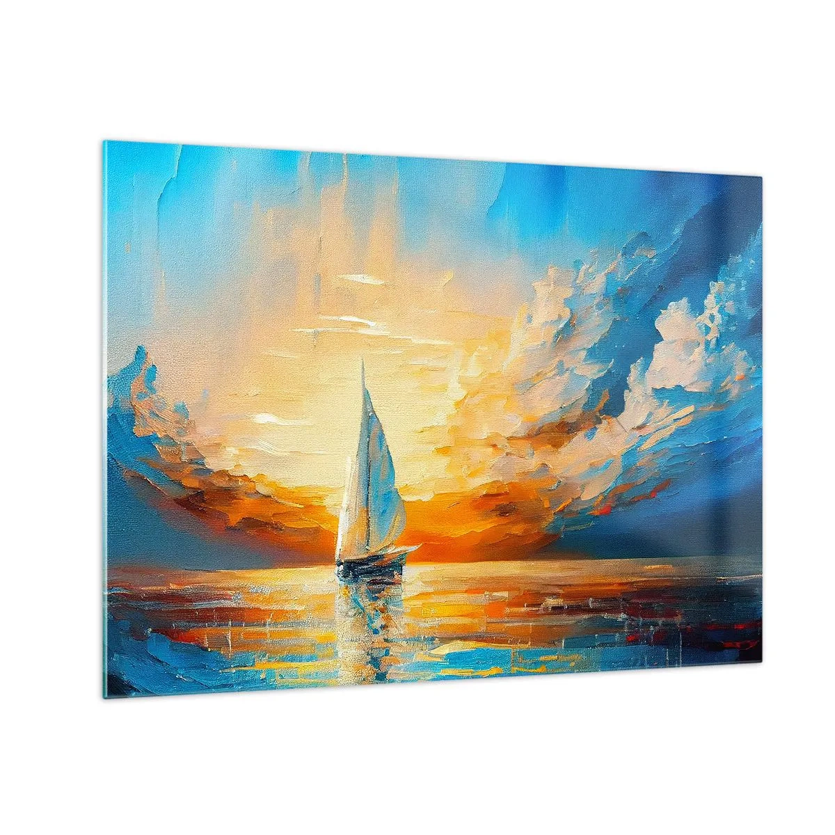 Billede på glas - En sejlbåd til søs i lyset af den nedgående sol - 70x50cm - Sejler i guld - Moderne vægdekoration til stue og soveværelse ARTTOR