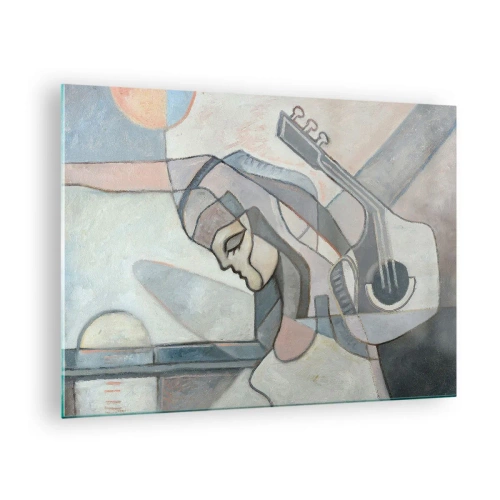 Billede på glas - Kunstnerisk figur af en kvinde med en guitar i pastelfarver - 70x50cm - I musikkens kraft - Moderne vægdekoration til stue og soveværelse ARTTOR