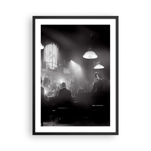 Plakat i sort ramme - En sort-hvid scene fra en atmosfærisk jazznatklub - 50x70cm - I en jazzet stemning - Moderne vægdekoration til stue og soveværelse ARTTOR