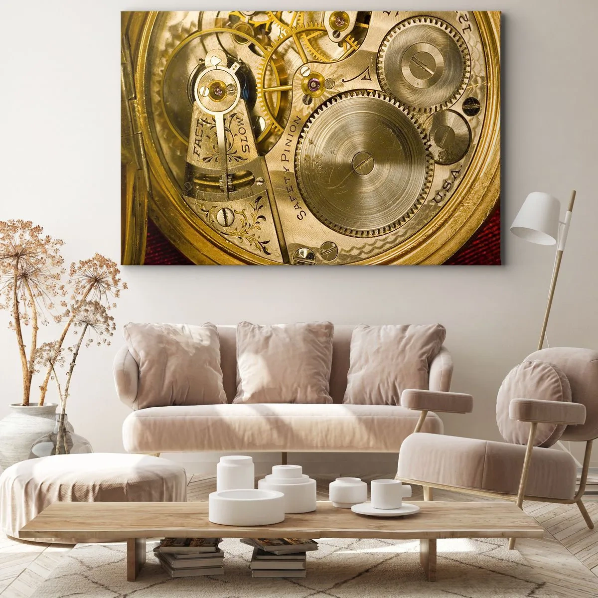 Lærredstryk - Billede på lærred - Urmekanisme med synlige gear og detaljer - 70x50cm - Følg med tiden - Moderne vægdekoration til stue og soveværelse ARTTOR