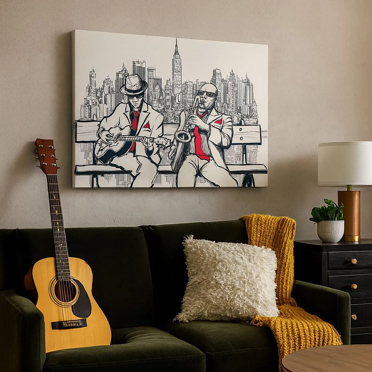 Lærredstryk - Billede på lærred - En jazzduo med saxofon og guitar med byen som baggrund - 70x50cm - New York improvisation - Moderne vægdekoration til stue og soveværelse ARTTOR