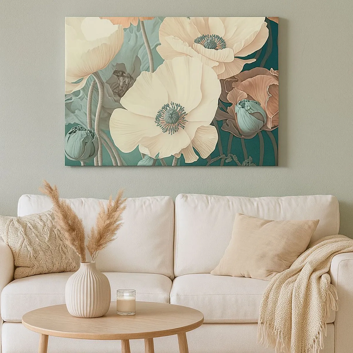 Lærredstryk - Billede på lærred - Elegante blomster i pastelfarver på en grøn baggrund - 70x50cm - Valmuernes hvisken - Moderne vægdekoration til stue og soveværelse ARTTOR
