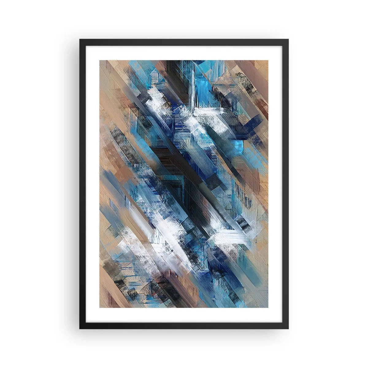 Plakat i sort ramme - En abstrakt komposition med diagonale linjer i blå nuancer. - 50x70cm - På en blå skråning - Moderne vægdekoration til stue og soveværelse ARTTOR