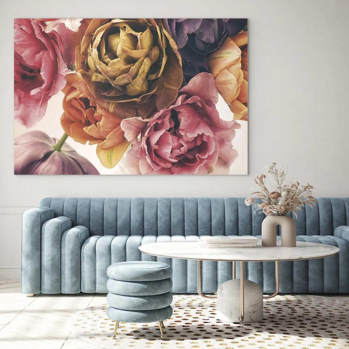Billede på glas - Nærbillede af en buket flerfarvede blomster - 70x50cm - Fejring af livet - Moderne vægdekoration til stue og soveværelse ARTTOR