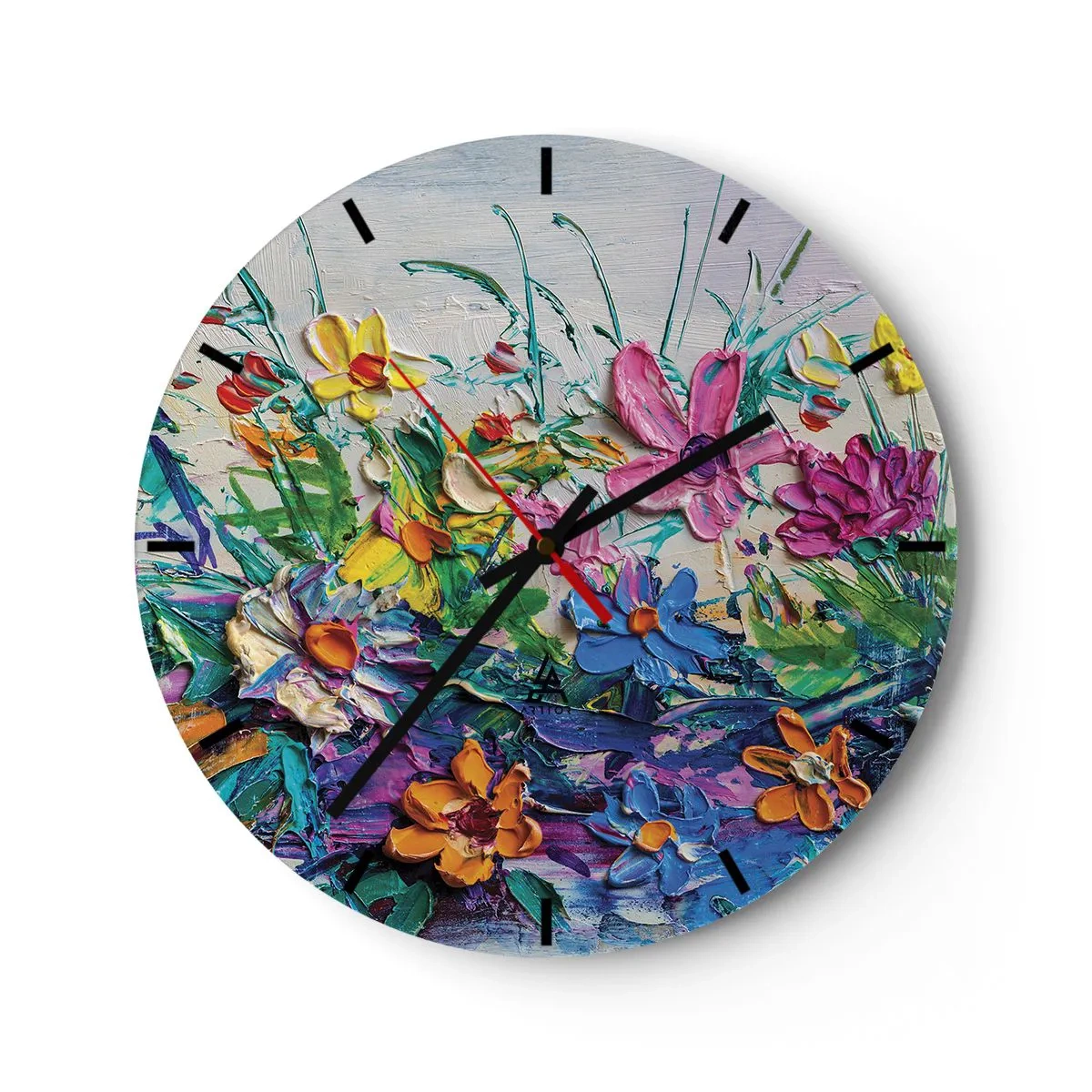 Vægur, Uret - Et farverigt blomsterlandskab i impasto-teknik - 30x30cm - Overhovedet ikke et stilleben - Moderne vægdekoration til stue, køkken og soveværelse ARTTOR