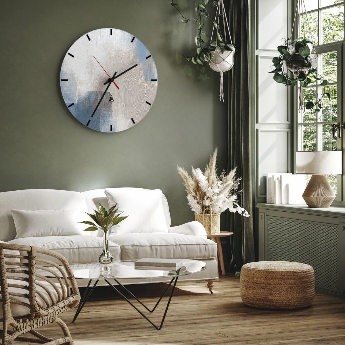 Vægur, Uret - Moderne abstraktion i beige, blå og grå - 30x30cm - Lyserød abstraktion bag et slør af blåt - Moderne vægdekoration til stue, køkken og soveværelse ARTTOR