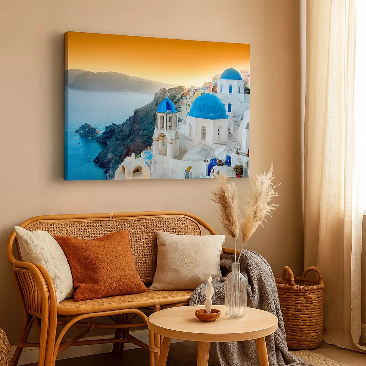 Lærredstryk - Billede på lærred - Udsigt over Santorini med hvide bygninger og blåt hav - 70x50cm - Santorini - omfavnet af klipperne - Moderne vægdekoration til stue og soveværelse ARTTOR
