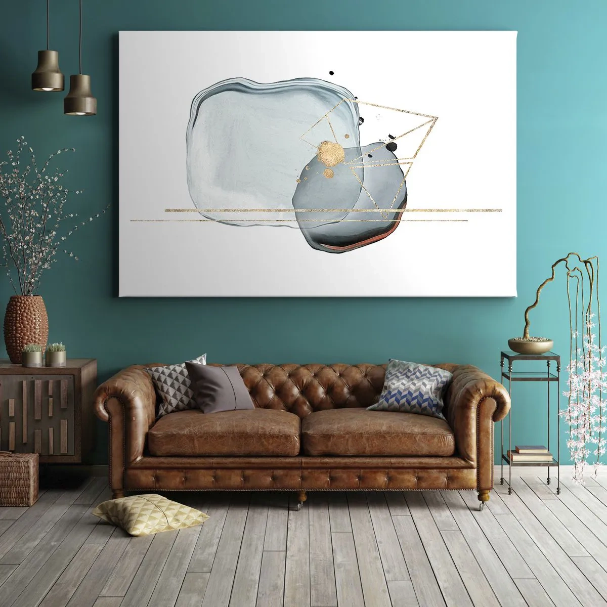 Lærredstryk - Billede på lærred - Abstrakte former i nuancer af blå og guld på en hvid baggrund - 70x50cm - En undersøgelse af dråber - Moderne vægdekoration til stue og soveværelse ARTTOR