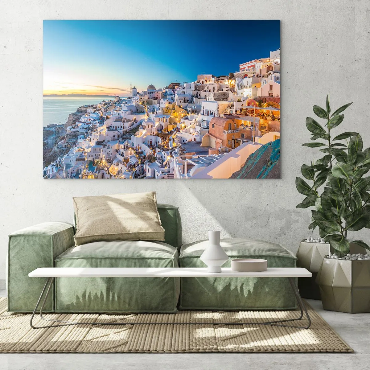 Billede på glas - Panorama over Santorini ved solnedgang - 70x50cm - Essensen af græskhed - Moderne vægdekoration til stue og soveværelse ARTTOR
