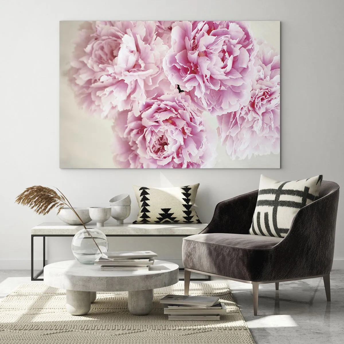 Billede på glas - En buket af lyserøde pæoner på en lys baggrund - 70x50cm - I lyserød glamour - Moderne vægdekoration til stue og soveværelse ARTTOR