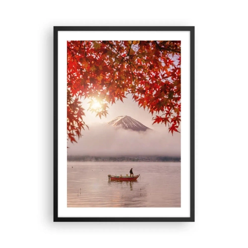 Plakat i sort ramme - Mount Fuji med en båd på en sø og efterårsblade - 50x70cm - I en japansk atmosfære - Moderne vægdekoration til stue og soveværelse ARTTOR