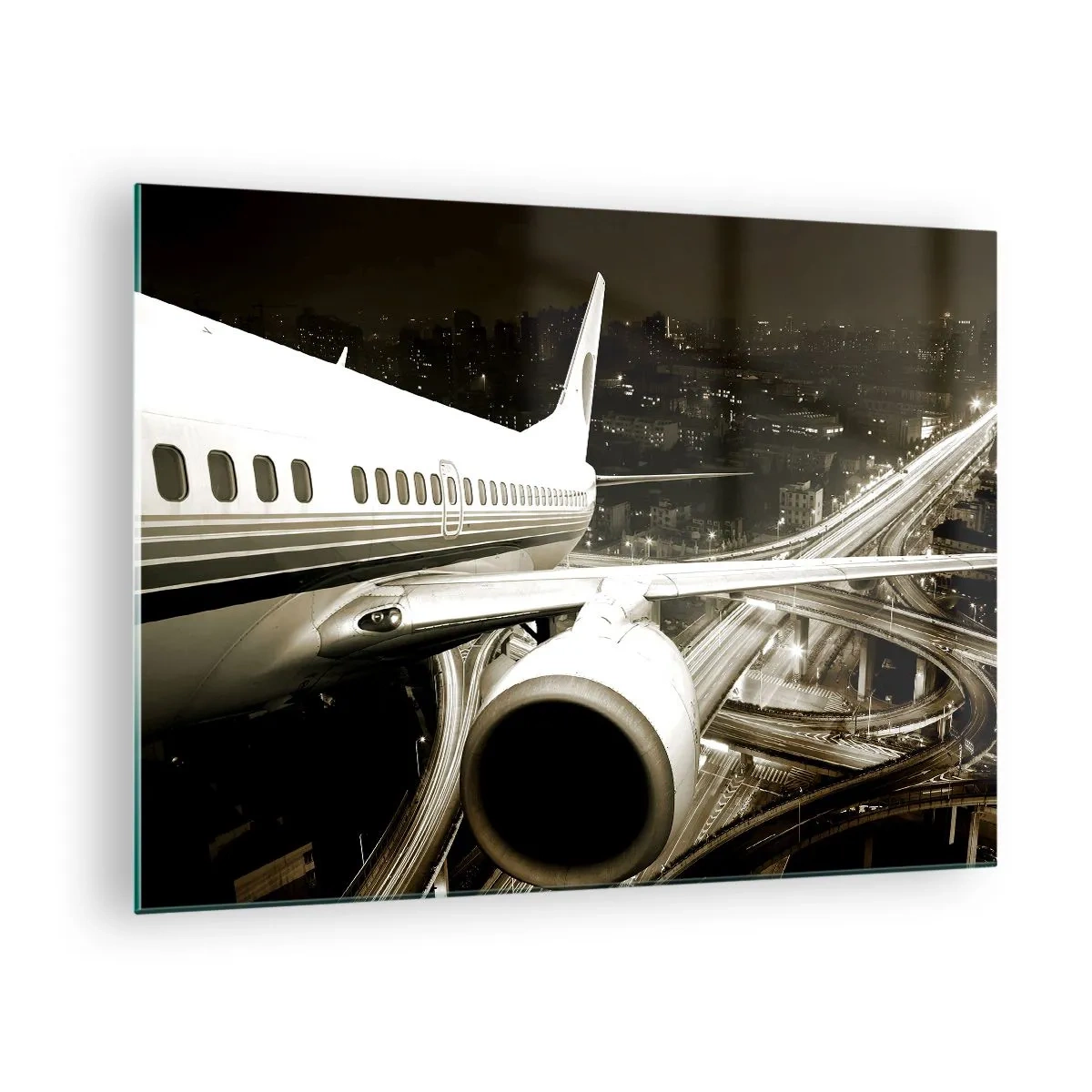 Billede på glas - Et fly over byen om natten med en industriel atmosfære - 70x50cm - Stiger ind i natten - Moderne vægdekoration til stue og soveværelse ARTTOR