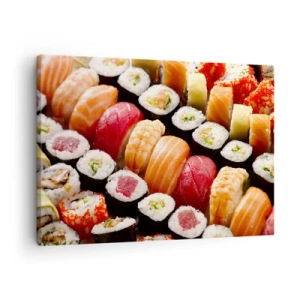 Lærredstryk - Billede på lærred - Farverig sushi arrangeret i rækker med forskellige toppings - 70x50cm - Asiens farver og smag - Moderne vægdekoration til stue og soveværelse ARTTOR