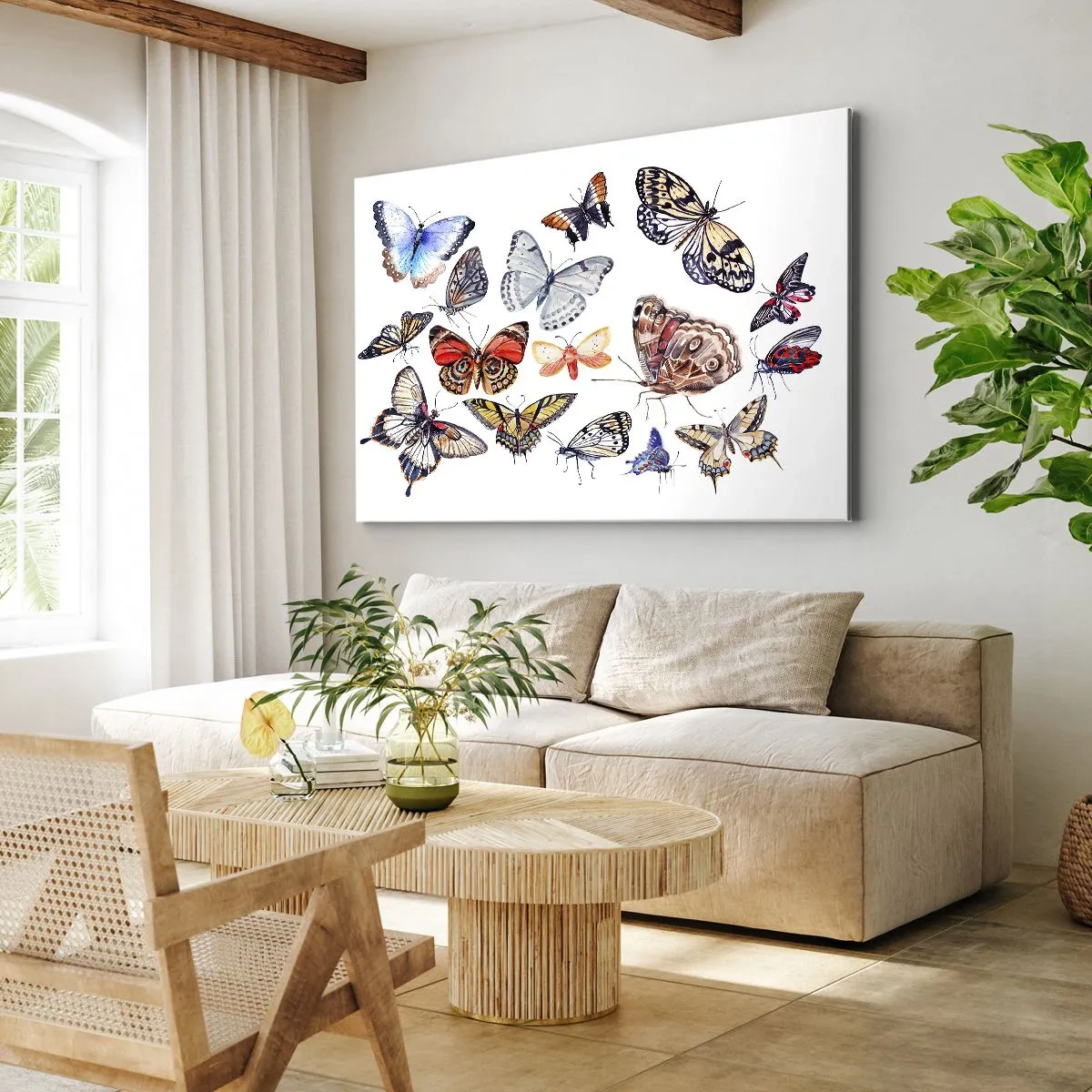 Lærredstryk - Billede på lærred - Farverige sommerfugle på en hvid baggrund - 70x50cm - Blonder, farverig sværm - Moderne vægdekoration til stue og soveværelse ARTTOR