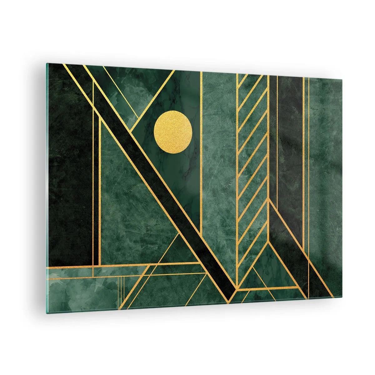 Billede på glas - Grøn og guld geometrisk abstraktion i Art Deco-stil - 70x50cm - Dynamikken i guld og azurblå - Moderne vægdekoration til stue og soveværelse ARTTOR
