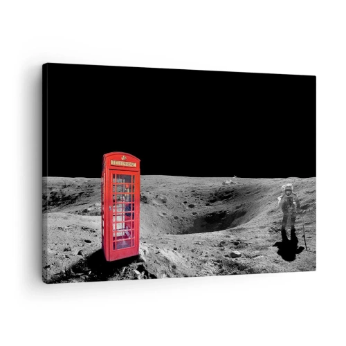 Lærredstryk - Billede på lærred - Rød telefonboks på månen - 70x50cm - Kosmisk vittighed - Moderne vægdekoration til stue og soveværelse ARTTOR
